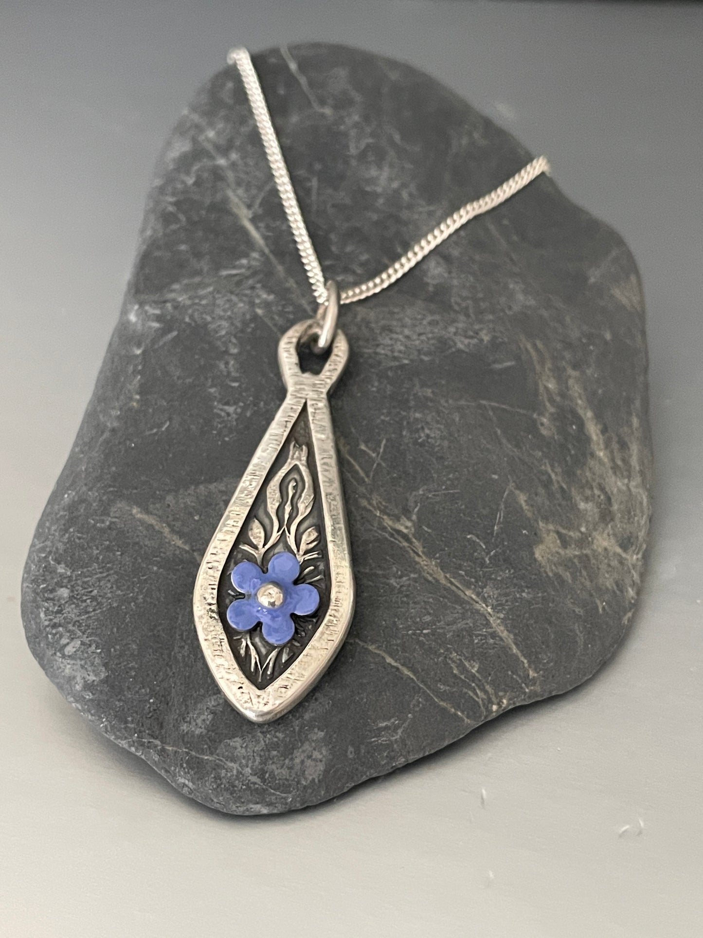 Forget-Me-Not Teardrop inlaid silver pendant