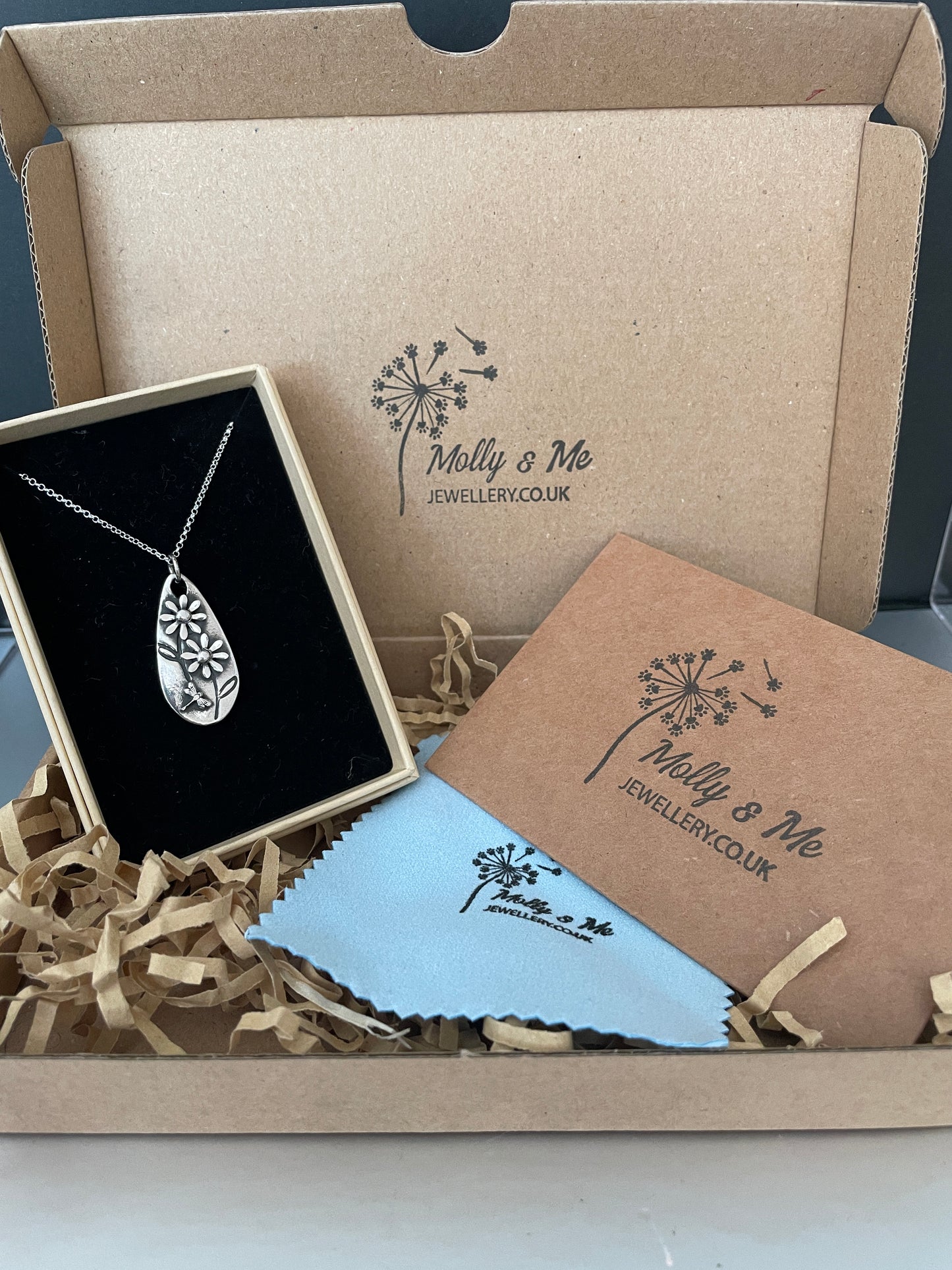 Silver Double Daisy Teardrop Pendant with Dragonfly