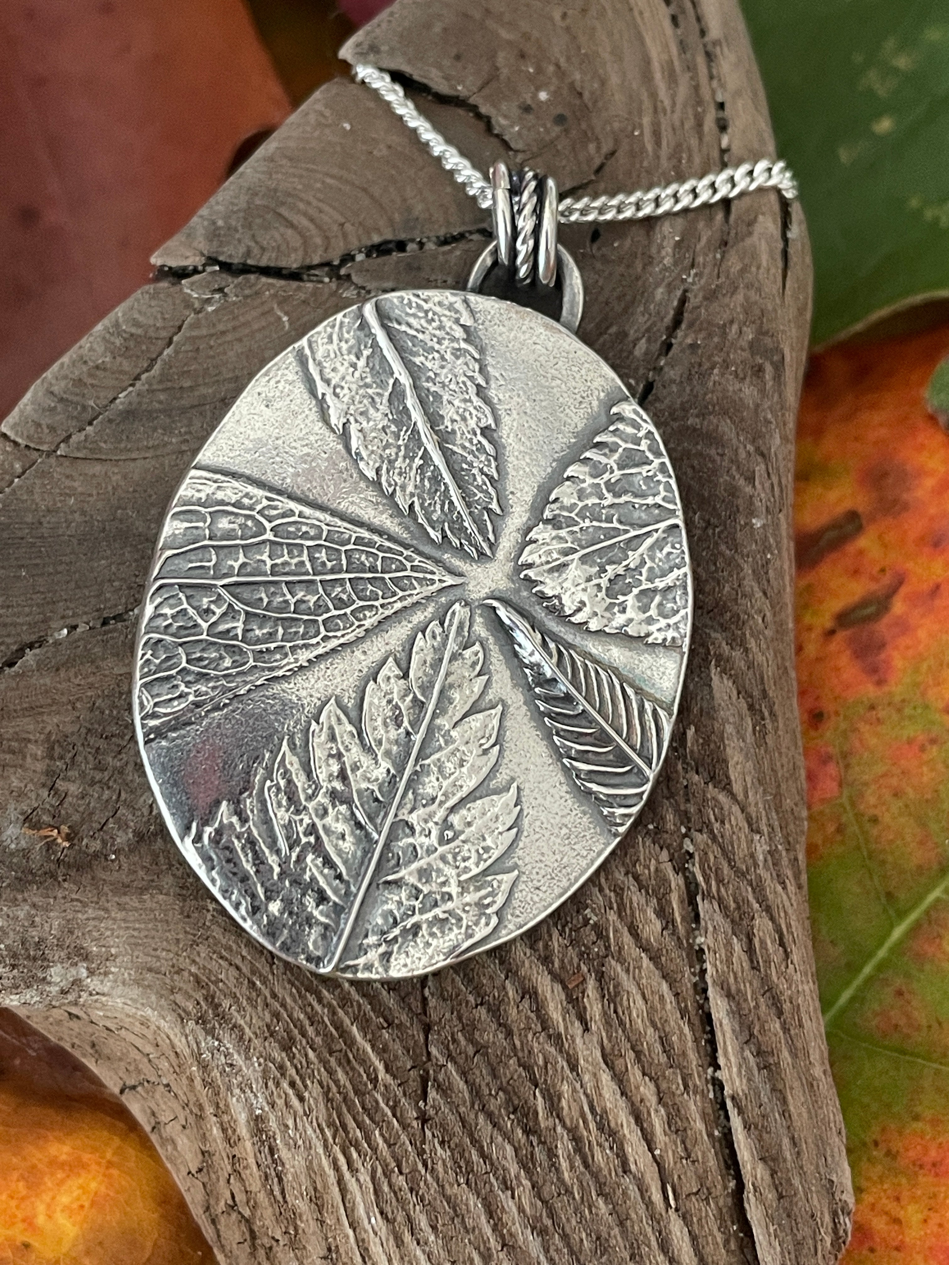 Fine silver 5 Leaf Oval Pendant handcrafted 