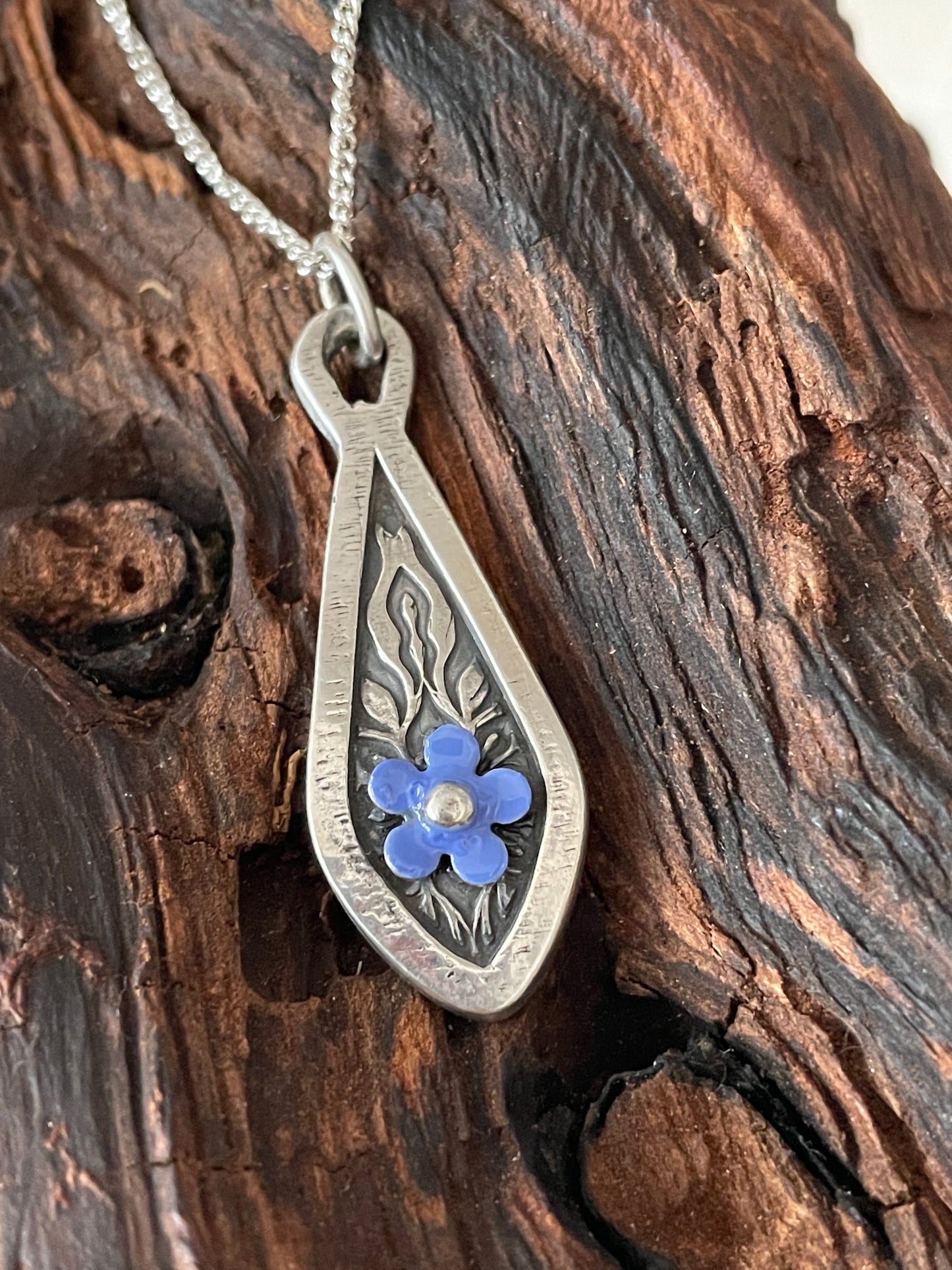 Forget-Me-Not Teardrop inlaid silver pendant