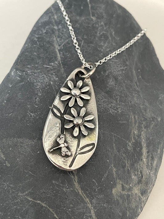 Silver Double Daisy Teardrop Pendant with Dragonfly