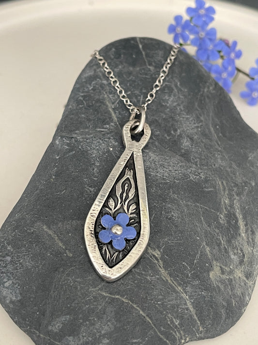 Forget-Me-Not Teardrop inlaid silver pendant