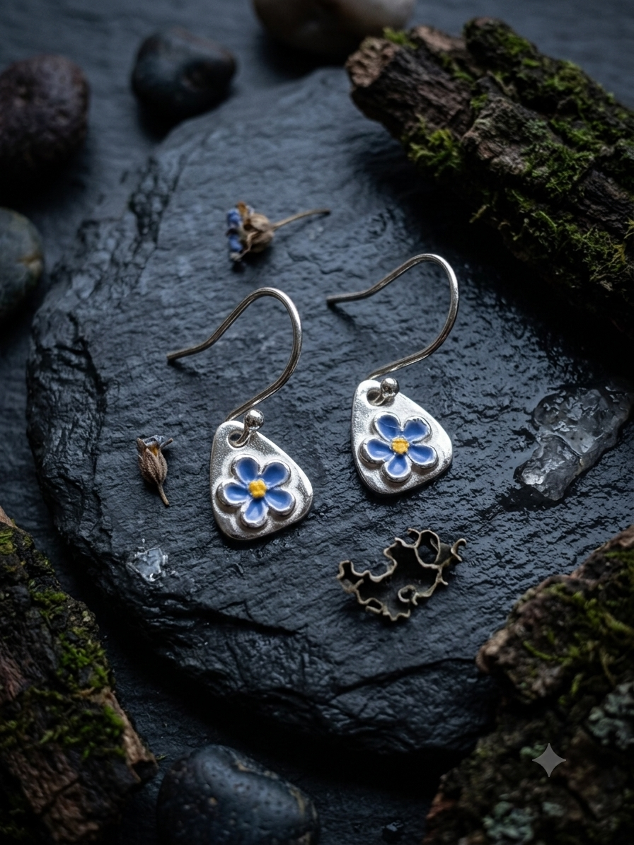 A pair of handmade silver jewelery dangle earrings with blue and yellow forget me not flower charms, displayed on a dark textured slate surrounded by mossy wood and small stones.