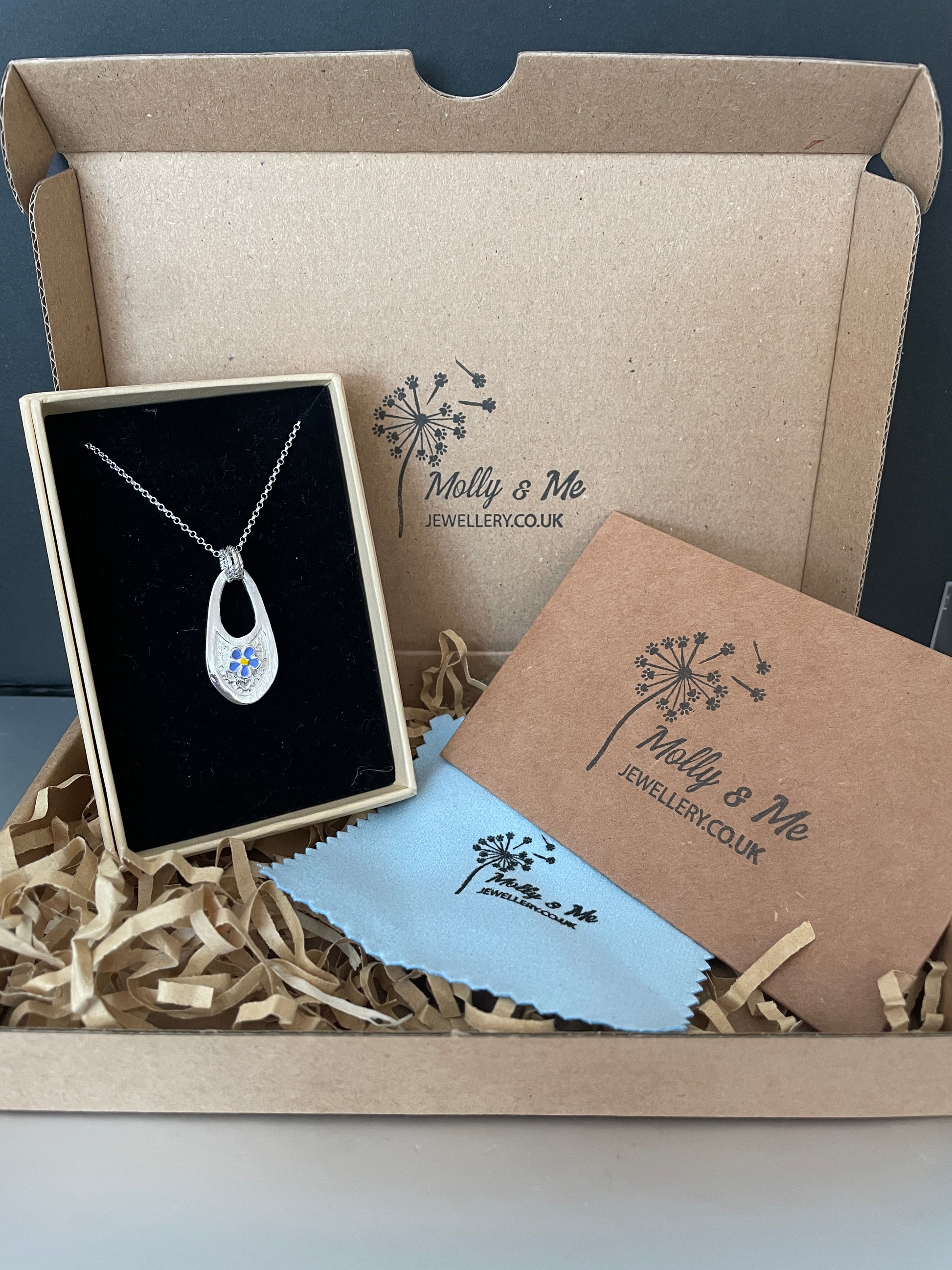 Silver Forget me not pendant with handpainted forget-me-not in a Molly and Me Jewellery branded gift box with cleaning cloth and instructions