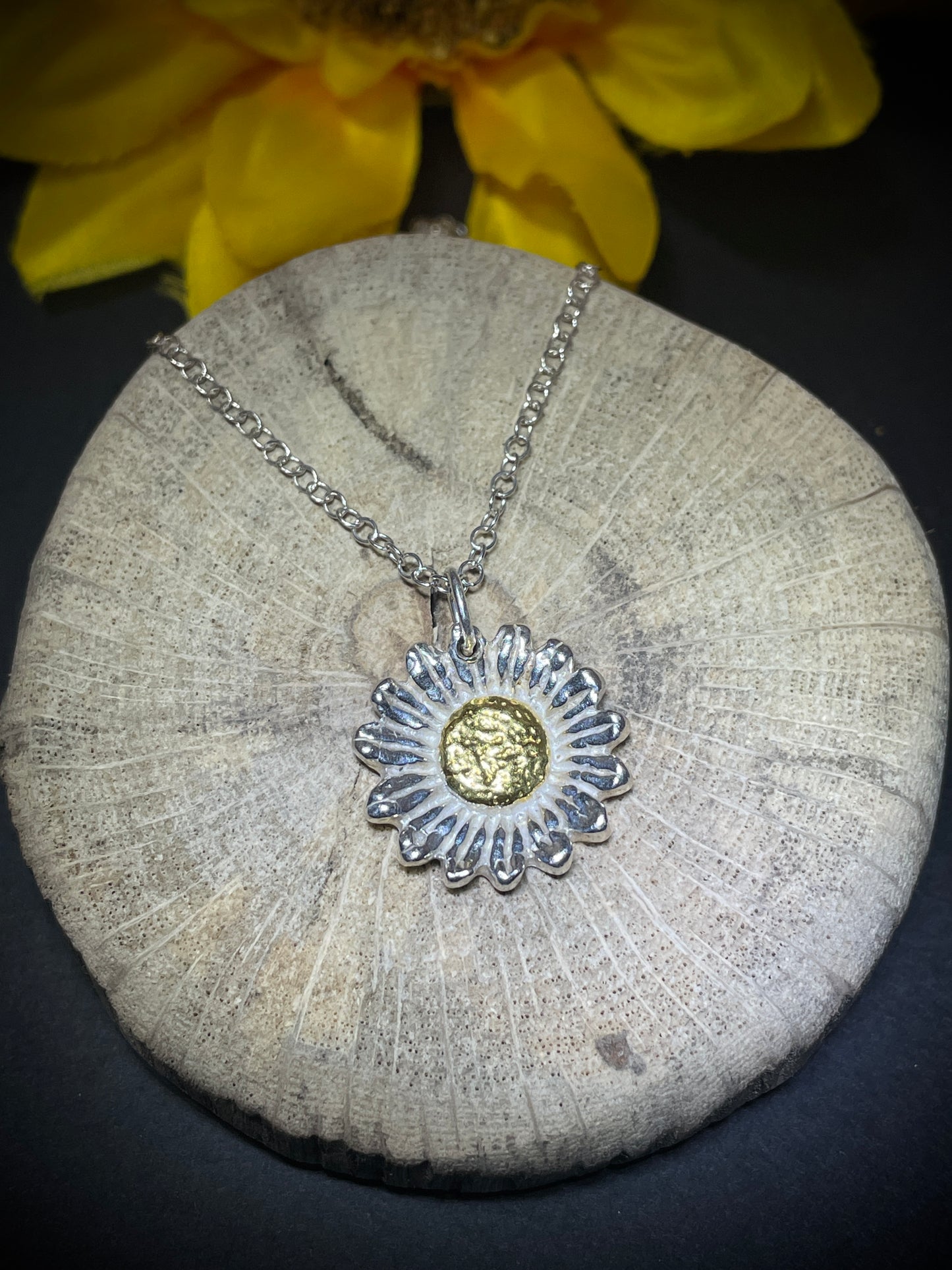 Medium Silver and Gold Sunflower pendant
