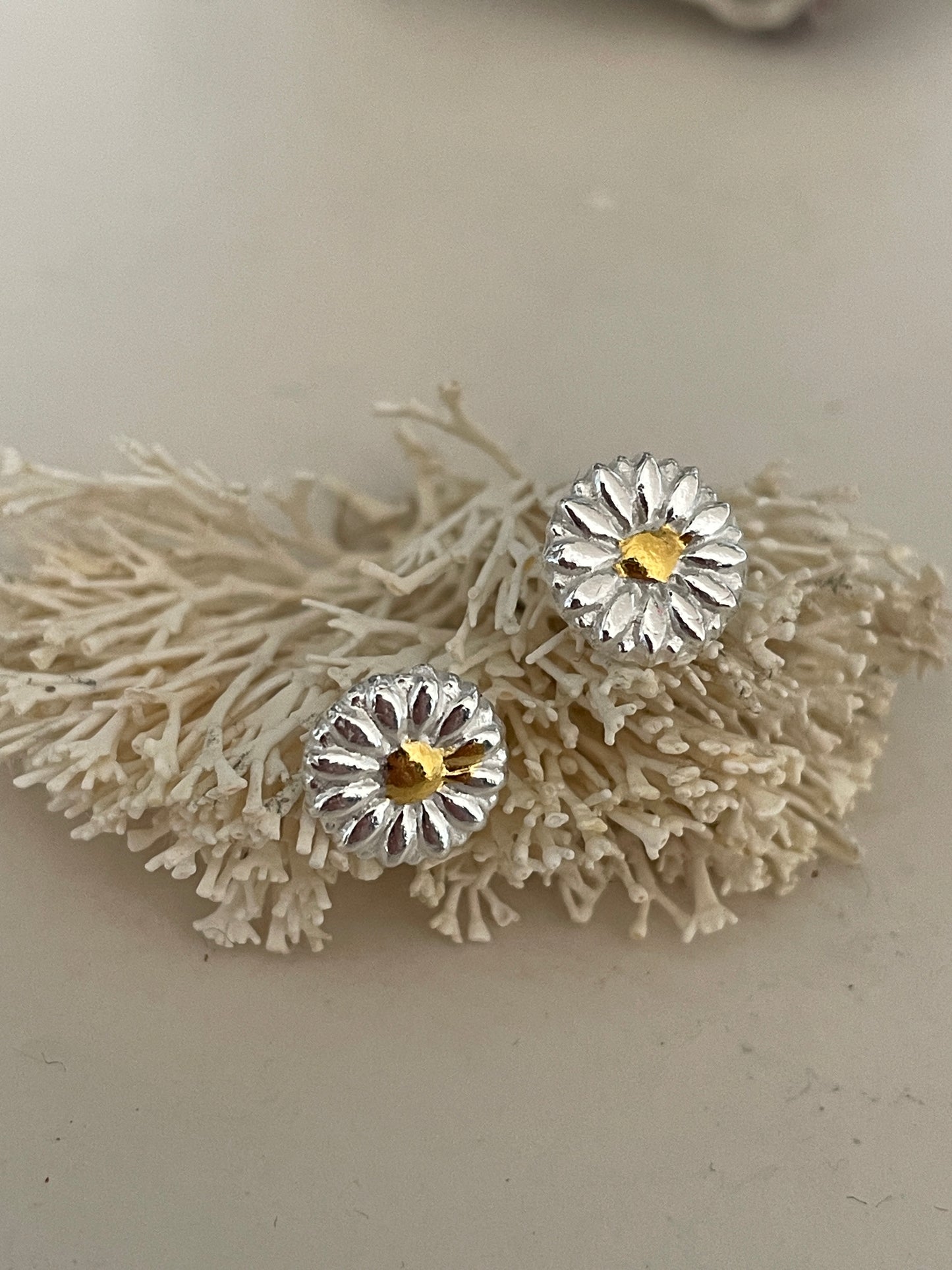 Tiny Silver Daisy studs with 24k gold