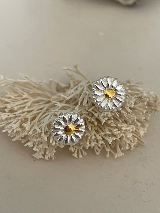 Tiny Silver Daisy studs with 24k gold