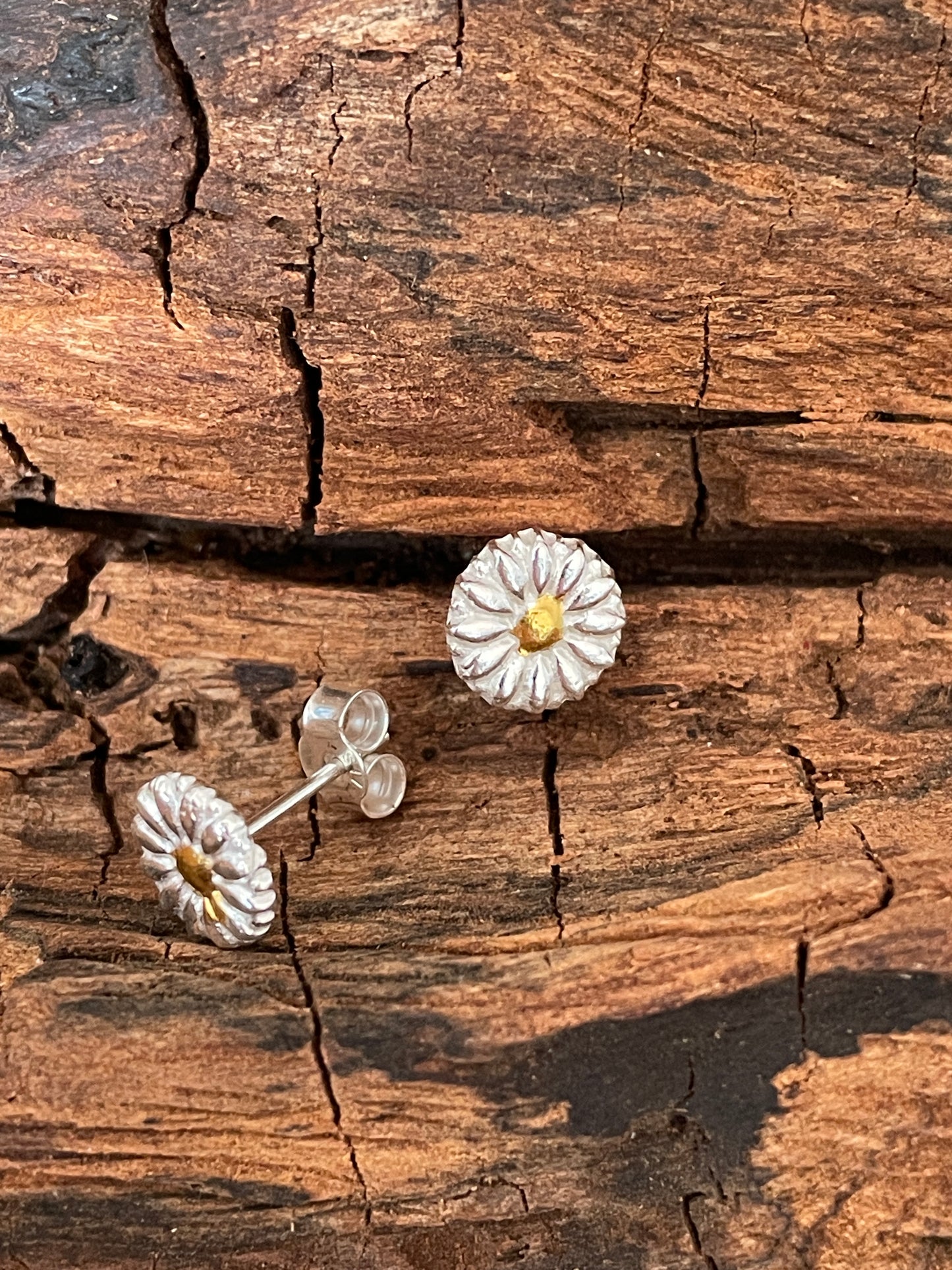 Tiny Silver Daisy studs with 24k gold