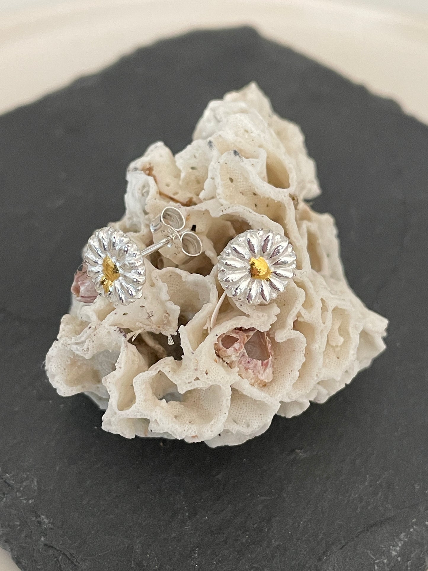 Tiny Silver Daisy studs with 24k gold