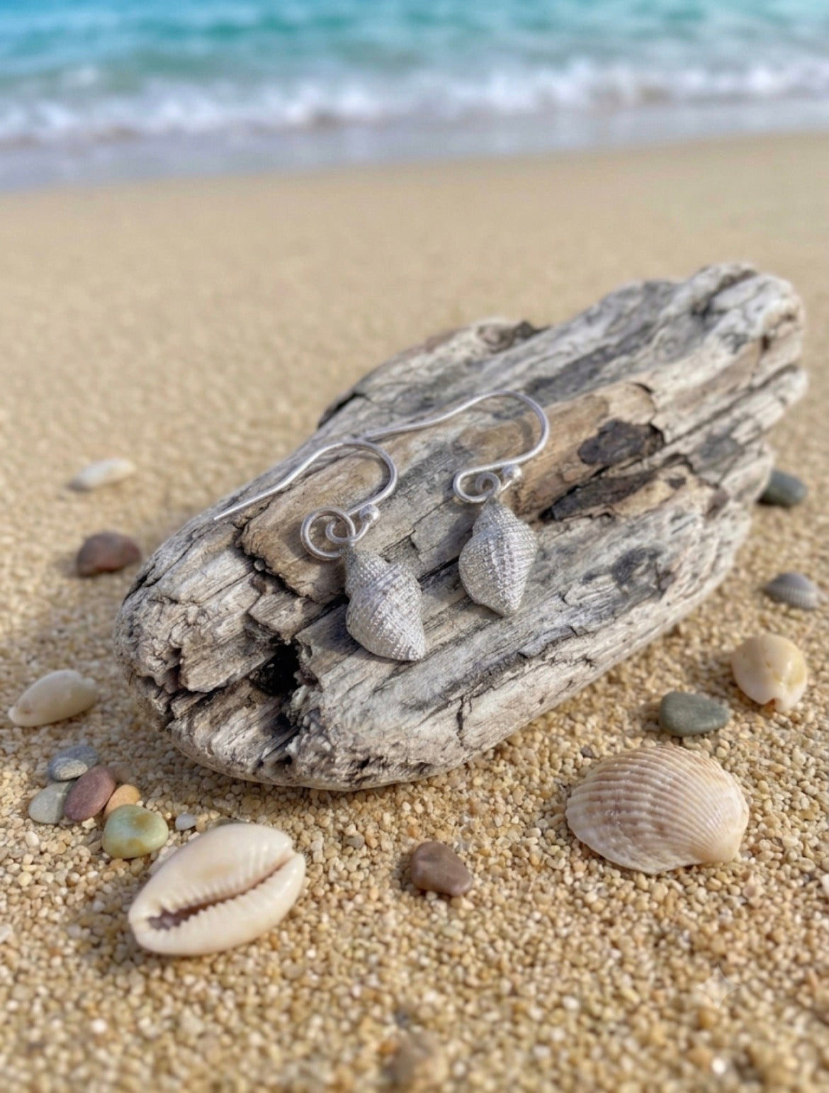 A pair of whelk shell silver dangle earrings shaped like small seashells, displayed on a piece of driftwood on a sandy beach with shells and the ocean in the background.