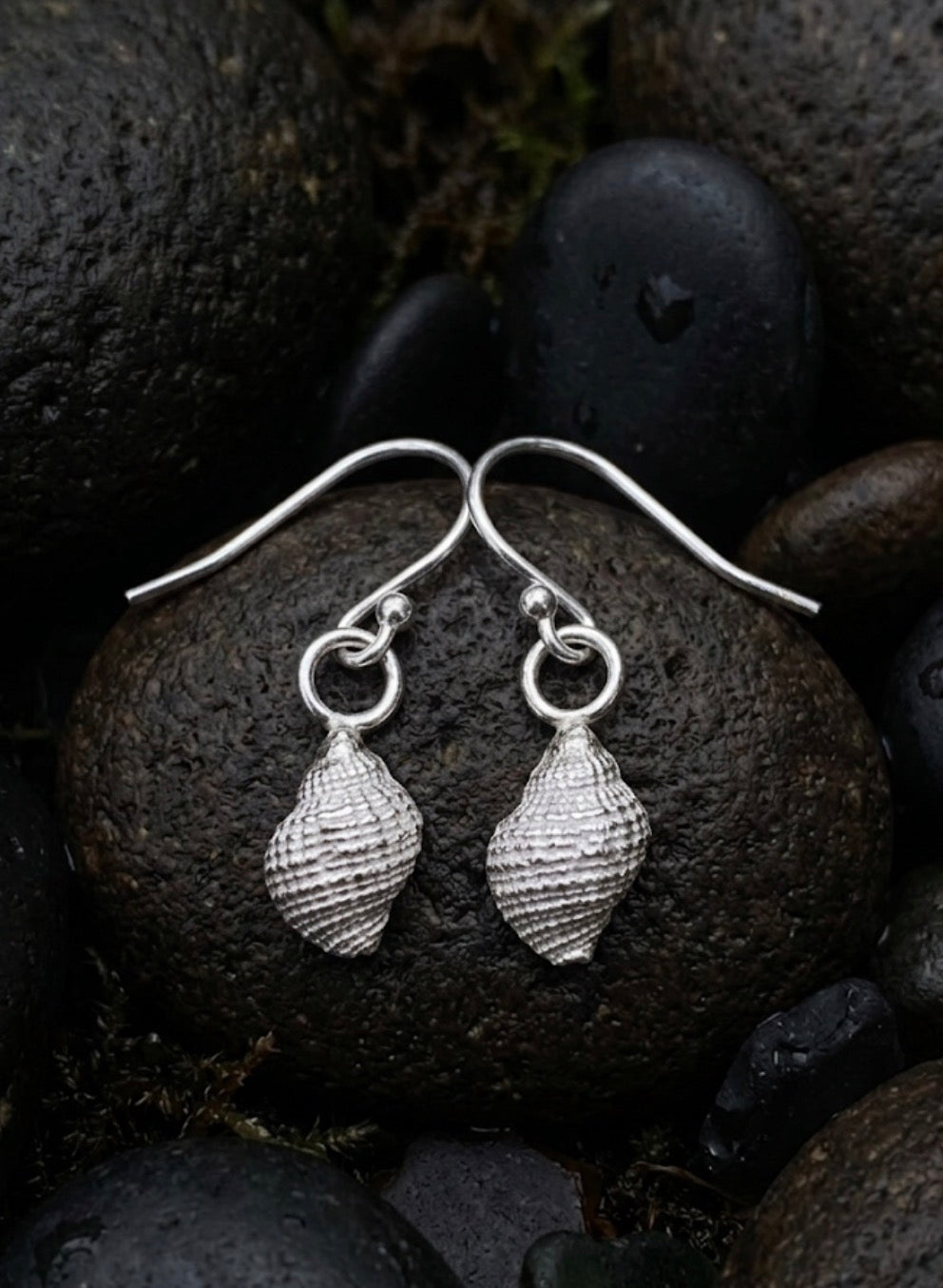 A pair of silver dangle earrings shaped like textured seashells, resting on dark wet river stones.