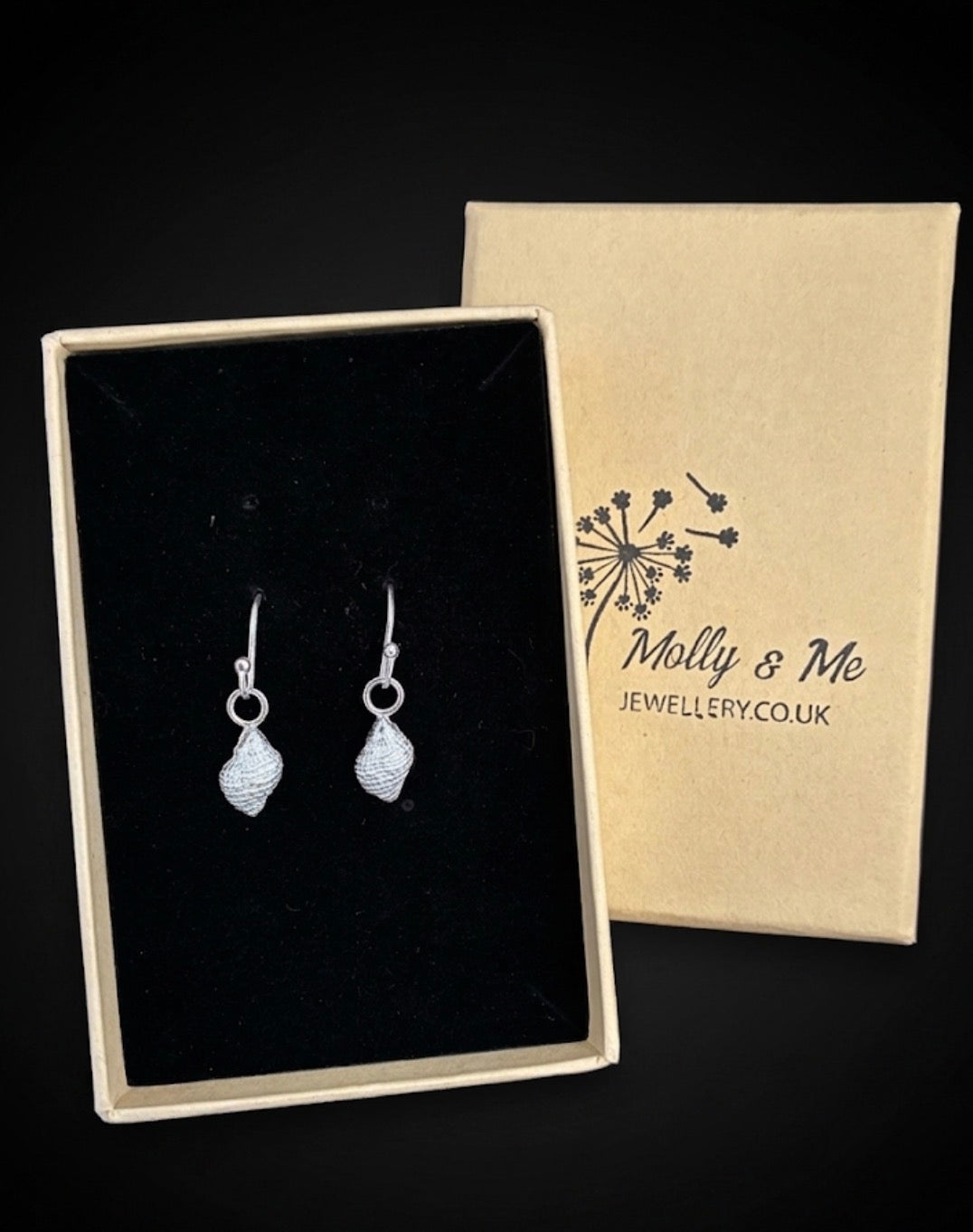 A pair of silver dangle earrings displayed in an open black-lined jewelry box, with the branded Molly and Me Jewellery outer box behind it on a black background.