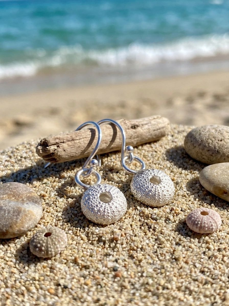 Silver sea urchin dangle earrings displayed on a sandy beach with driftwood and seashells, with the ocean waves blurred in the background.