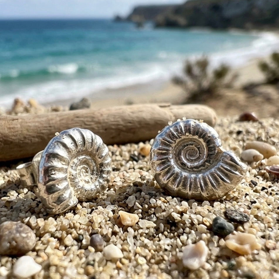 Two silver coloured spiral ammonite fossil shell earrings on a beach 