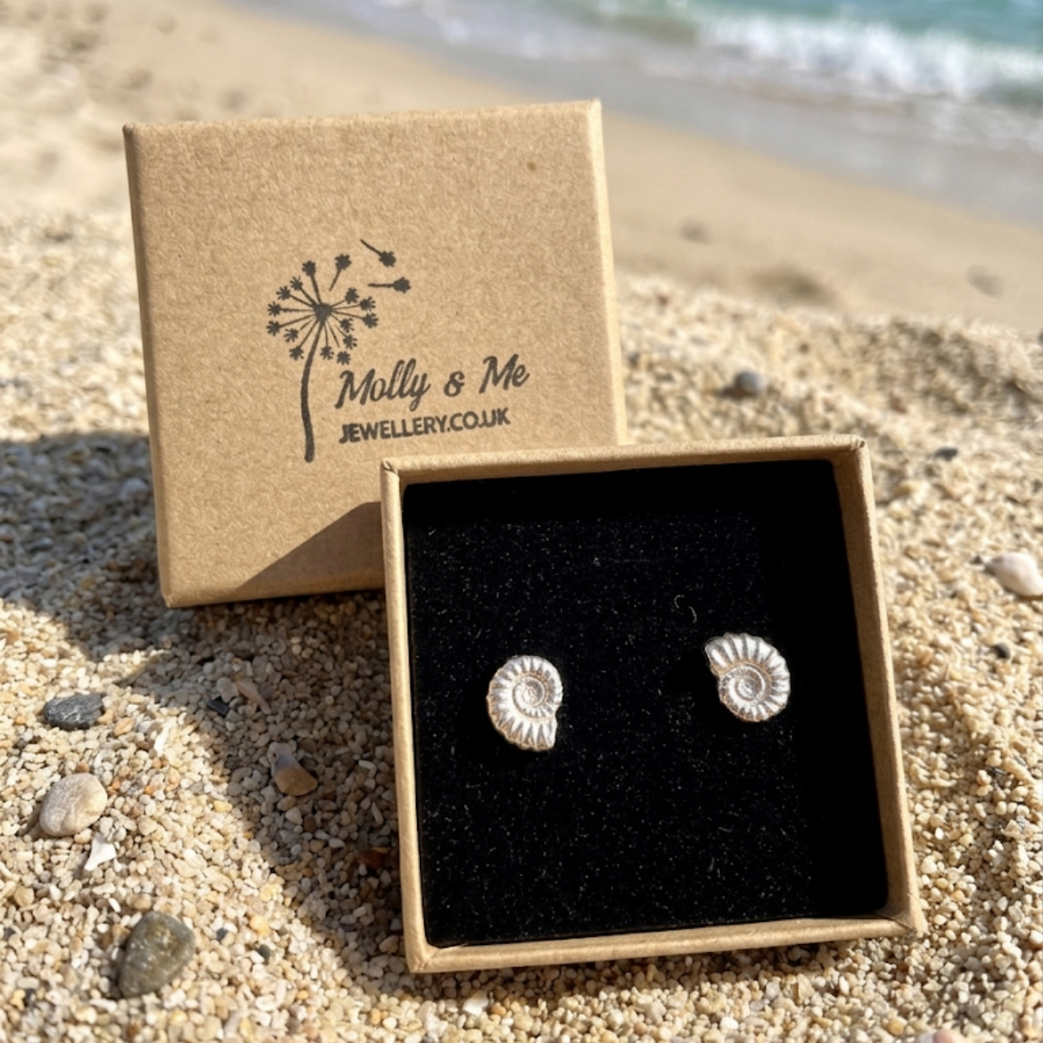A pair of silver spiral shell ammonite stud earrings in an open black-lined jewelry box on sandy beach ground, with the branded Molly and Me Jewellery kraft box lid standing behind them and the ocean in the background.