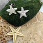 Small silver starfish stud earrings set on a green moss background with pebbles and a small real starfish in the foreground
